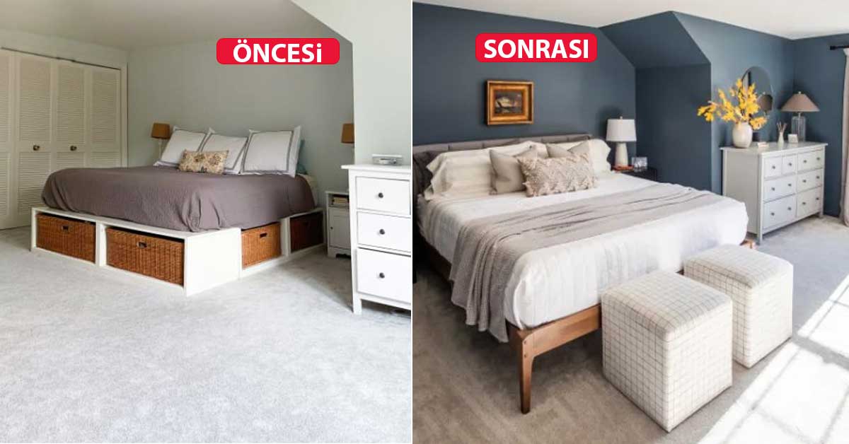 Öncesi ve sonrası fotoğraflarla yatak odasında koyu renkli değişim