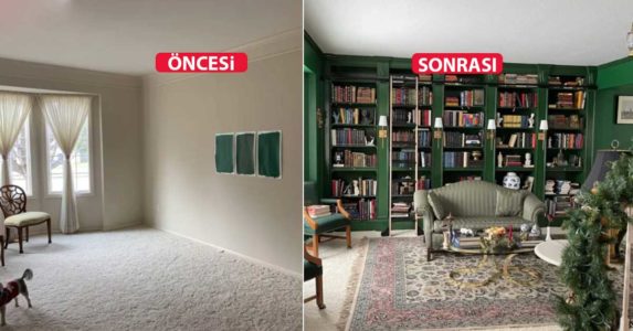 Öncesi sonrası fotoğraflarla kitapsever ailenin dekorasyonu